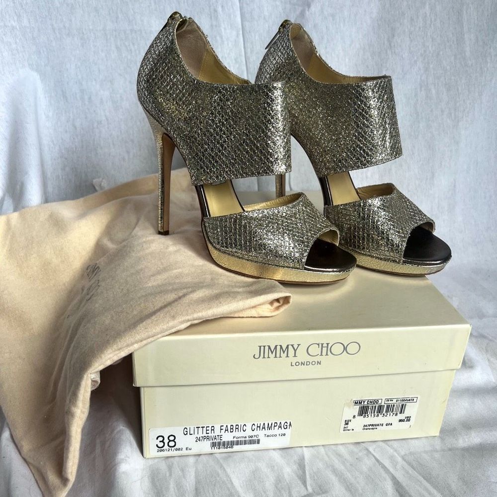 Jimmy Choo 24/7 Private heels in glittery Champagne, box, card, and dust bag inc